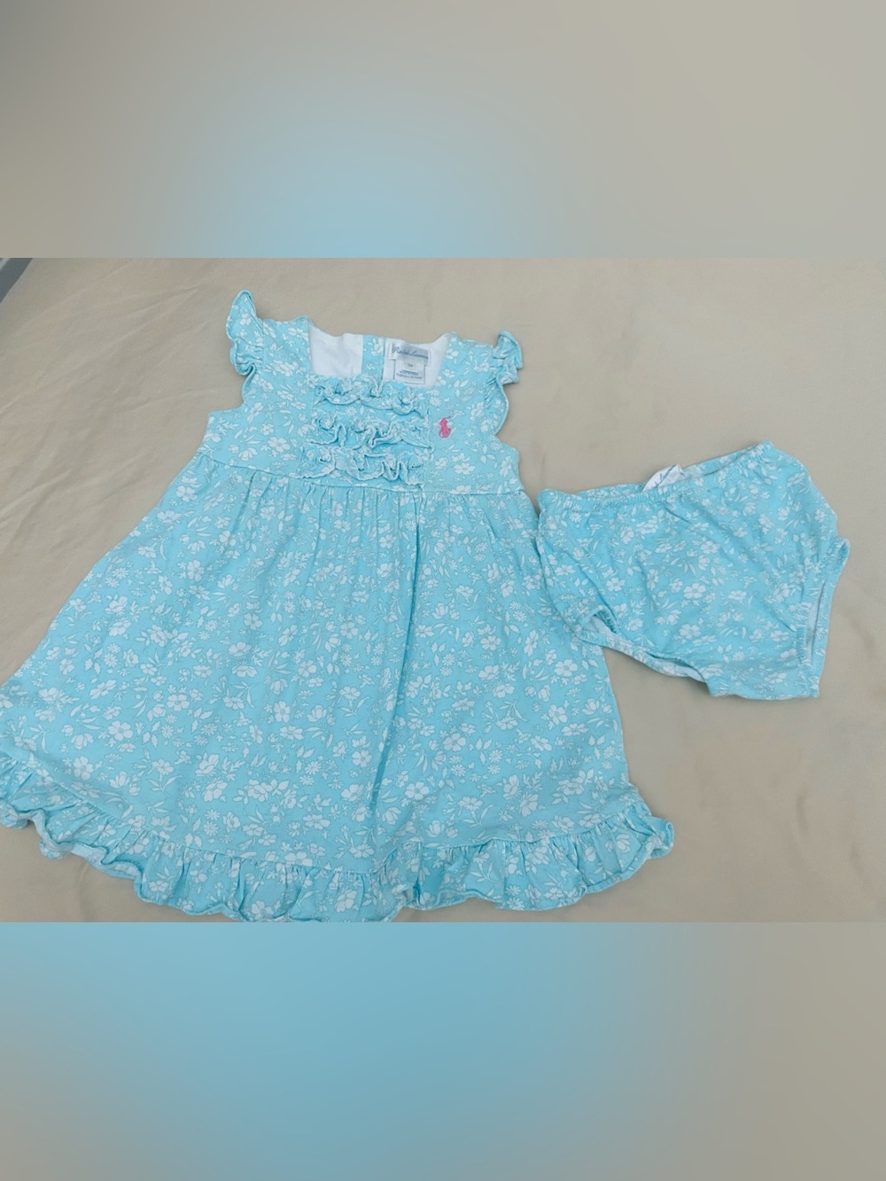 Ralph Lauren Aqua Floral Ruffle Baby Dress with Bloomers